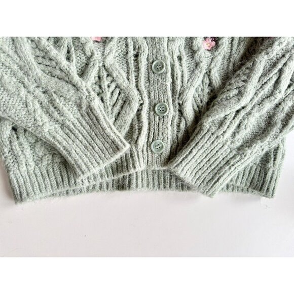 Girls' ZARA Light Green Cable Knit Embroidered Cardigan Sweater, Size 11-12 - Picture 4 of 8